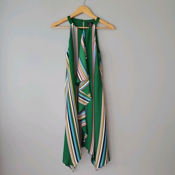 Adrianna Papell Dresses & Skirts - Adrianna Papell Green Striped Sleeveless Halter Assymetrical Dress Womens 2